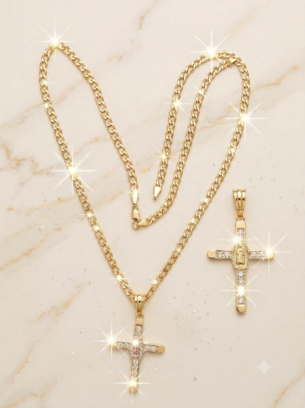 Gold Virgin Mary Cross Necklace with Clear Stones